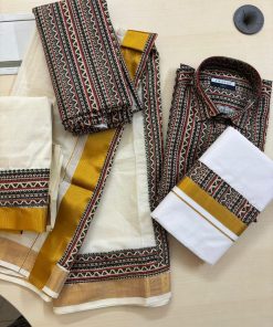 Dhoti, Shirt & Saree Combo – Distinct Prints, Refined Tradition