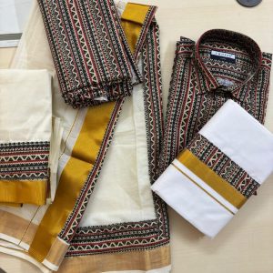 Dhoti, Shirt  & Saree Combo – Distinct Prints, Refined Tradition