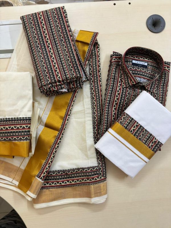 Dhoti, Shirt  & Saree Combo – Distinct Prints, Refined Tradition