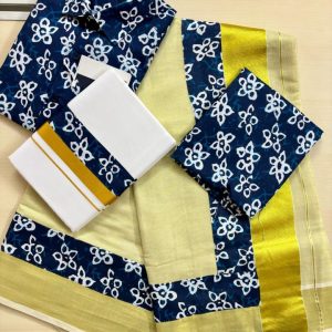 Dhoti, Shirt & Saree Combo – Contemporary Print, Classic Soul