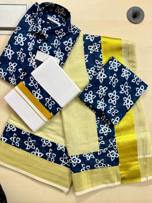Dhoti, Shirt & Saree Combo – Contemporary Print, Classic Soul