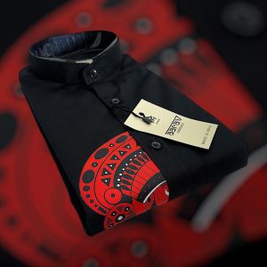 Men’s Black Theyyam Art Cotton Shirt – Mandarin Collar