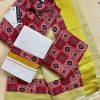 Red Pattern Shirt & Gold Dhoti with Saree – Kerala Set