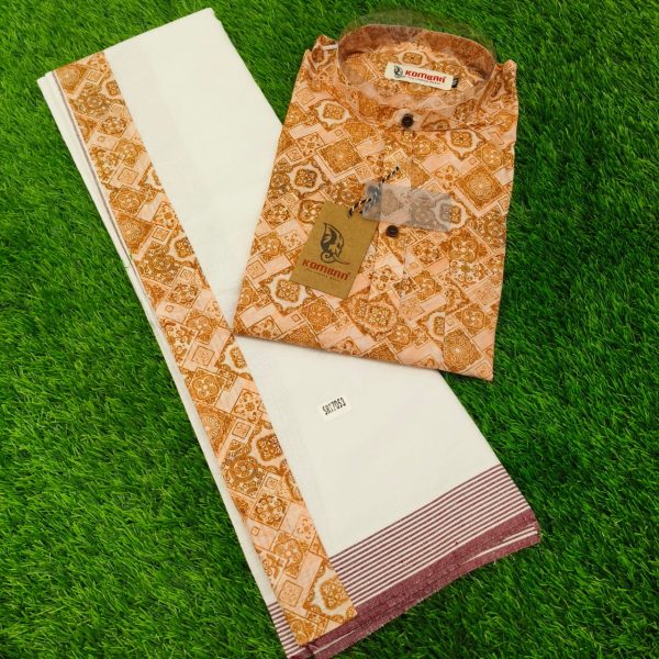 Men’s Beige & Kasavu Dhoti Kurtha Set – Traditional Wear