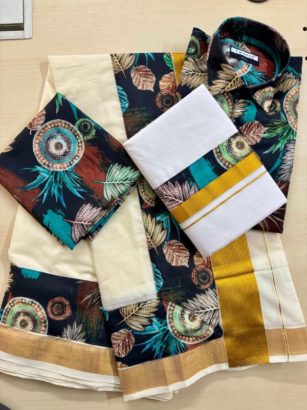 Men's Nature Print Shirt with Kerala Dhoti & Saree Set – Festive Combo