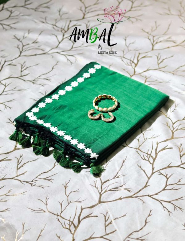 Green cotton saree with lays border - Image 3